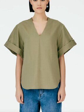 Tibi V-neck linen/cotton top, 8, khaki, $45